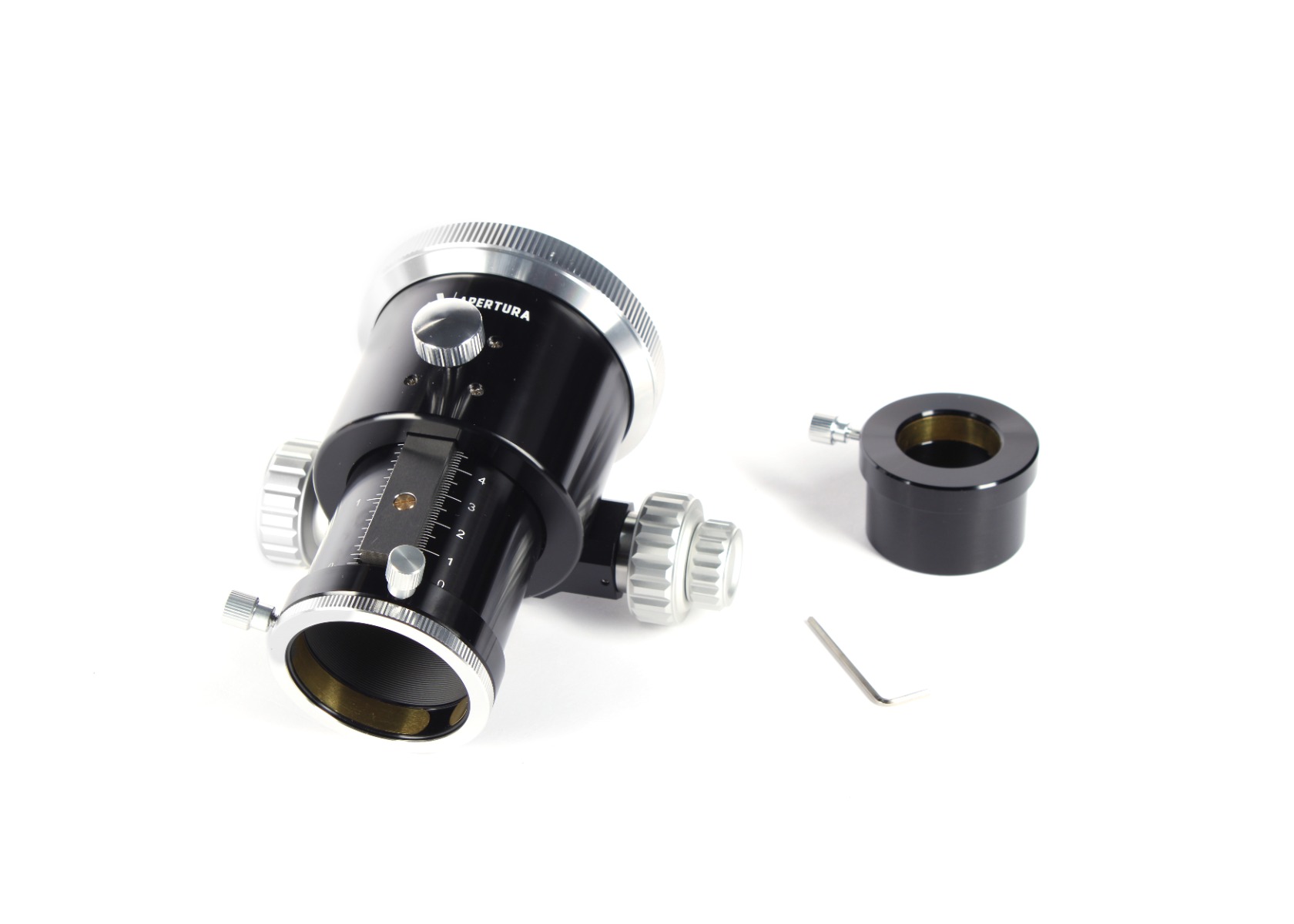The Apertura Rack and Pinion EAF Ready Focuser sat on a table with the hex wrench and 1.25 inch adapter displayed next to it