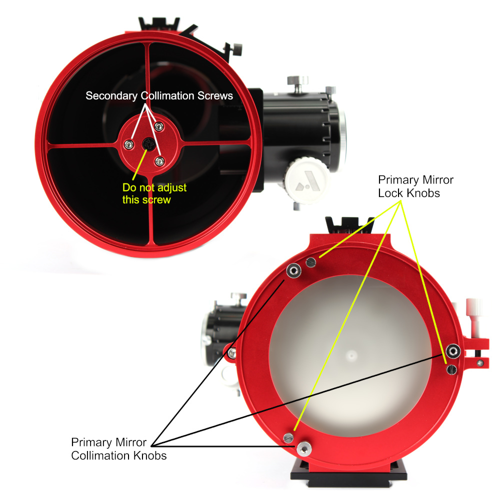 {{An image showing both the front and back of the telescope, with text highlighting the collimation hardware}}