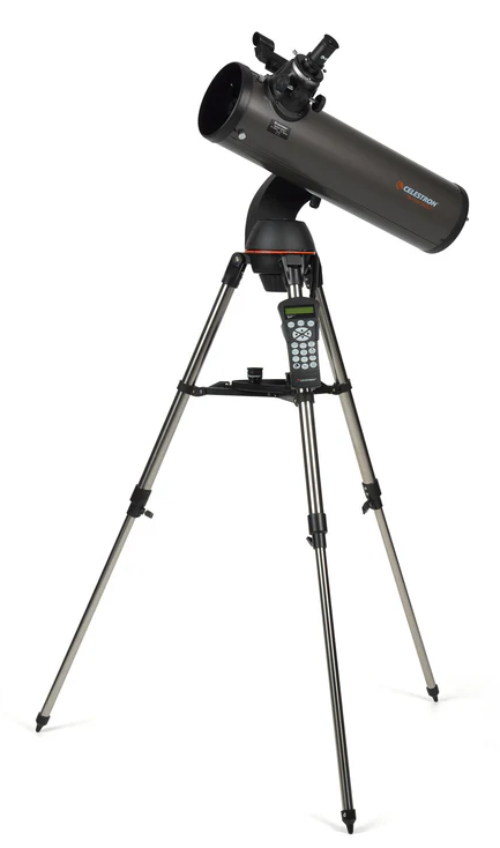 Celestron SLT 130 on tripod pointing left