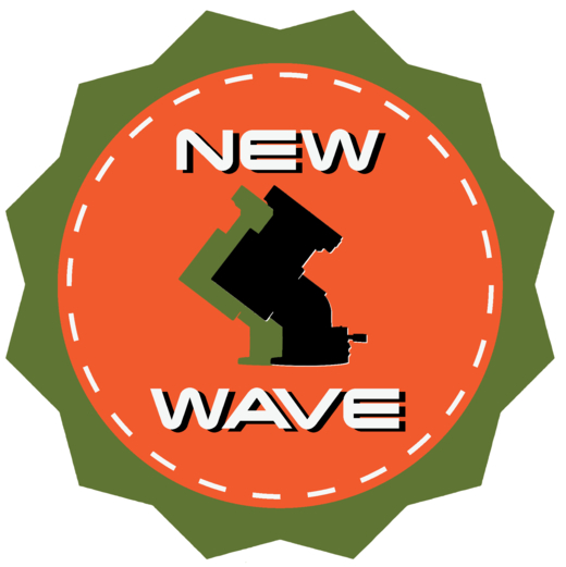 A badge reading New Wave Harmonic, featuring an image of a recognizable harmonic mount shape