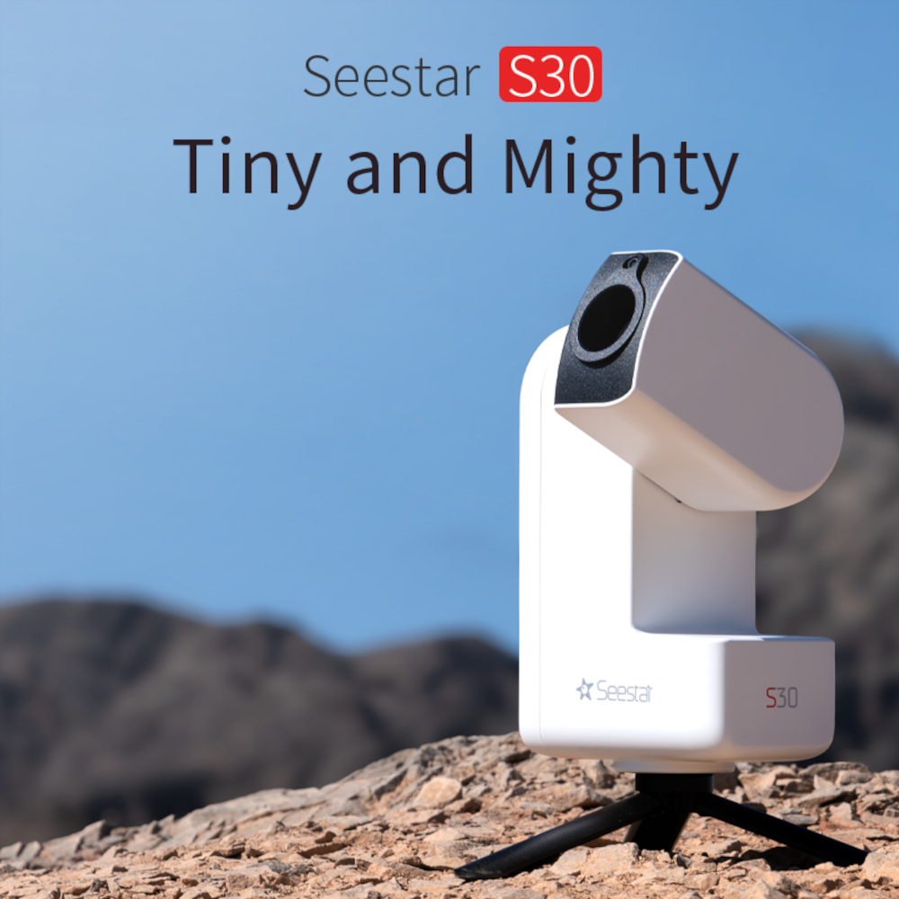 The Seestar S30 All-in-One Smart Telescope perched on a ledge, with a mountain backdrop